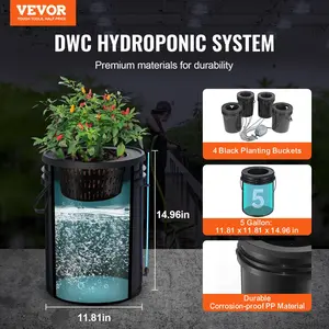VEVOR DWC Hydroponics Grow System,  Hydroponic Growing System with Top Drip Kit, Deep Water Culture 5-Gallon 4 Buckets, with Air Pump, Air Stones and Water Level Device for Leafy Vegetables