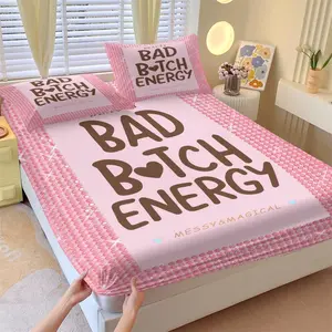 Sweet Cool Personality Print Bedding Set with 2 Pcs Coreless Pillowcases, Pink Rhinestone Border & Bad Bitch Energy Slogan, Durable Comfort, Deep Pocket Non-Slip Mattress Protector, Home Decor Gift Choice