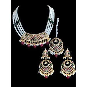 NS317 Piya punjabi Jadau necklace with earrings and tika in Navratan  (READY TO SHIP)