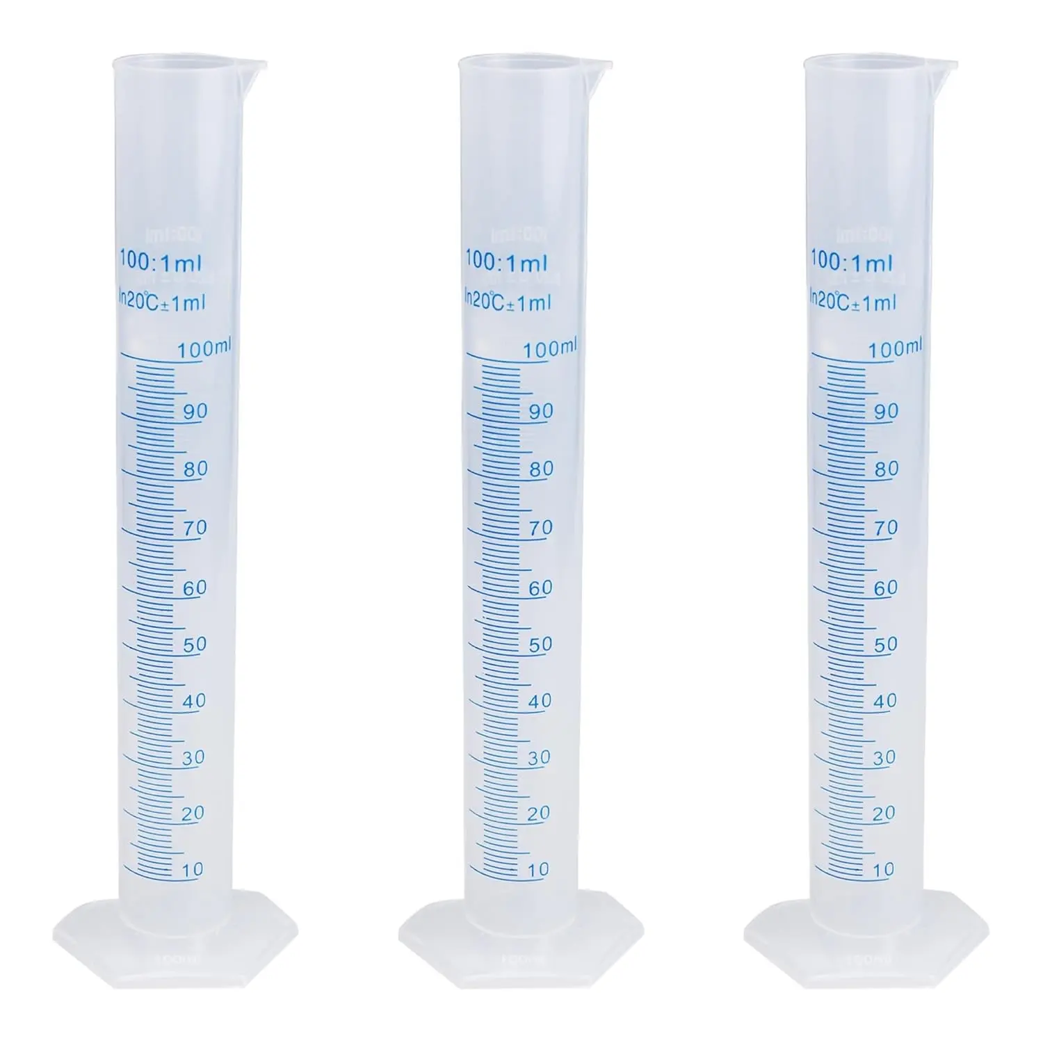 3PCS 100ml Measuring Cylinder, Plastic Transparent Graduated Cylinder, Science Test Tube Flask, 2-Sided Bule Measuring Lines Graduated Cylinder Beaker