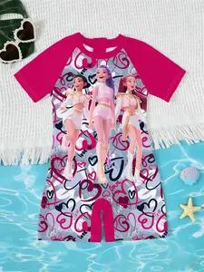 Girls Kpop Demon Hunters Colorblock One-Piece Swimsuit, Sweet Cool Style, Heart Graffiti Print, Shoulder Sleeve Patchwork