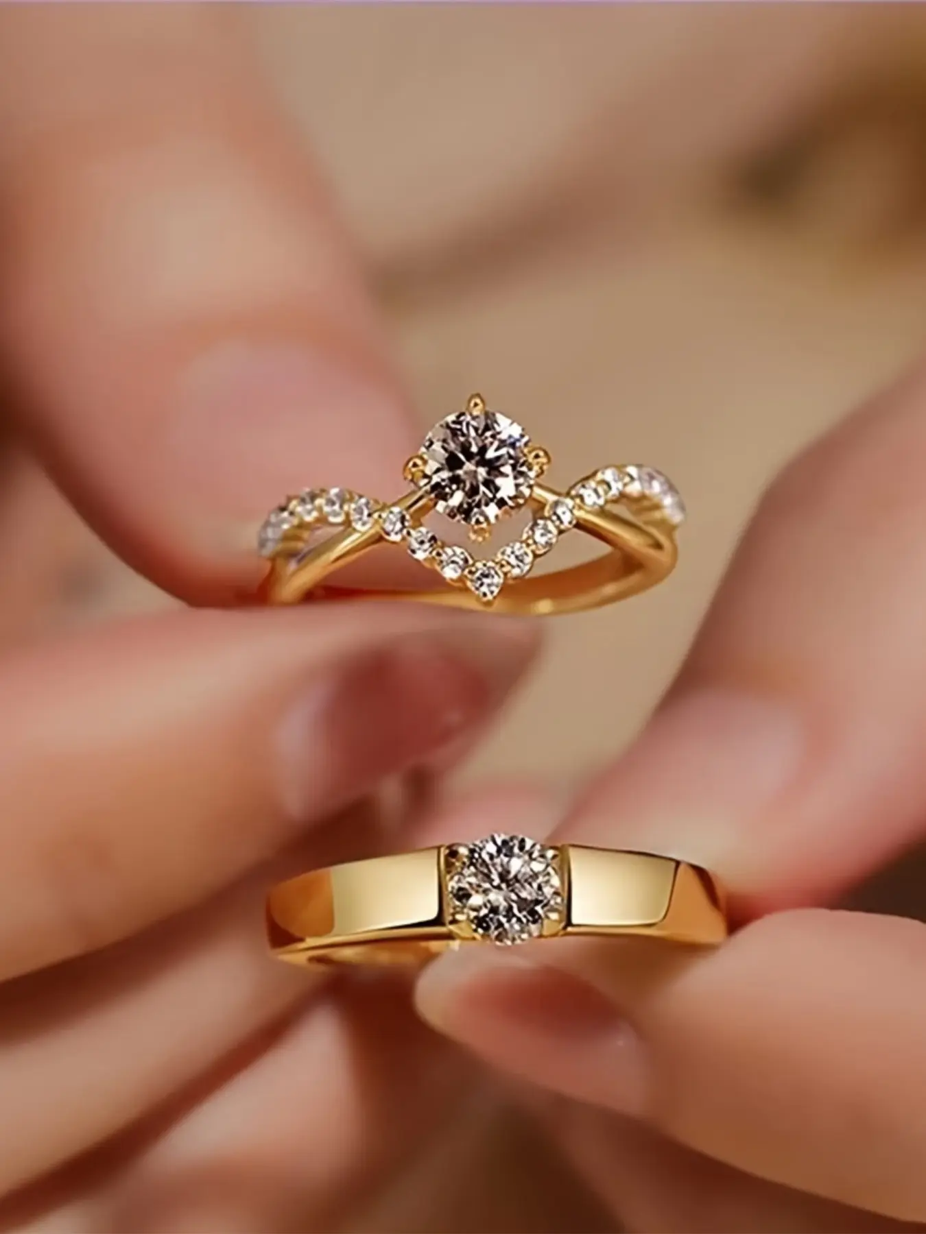 2 Piece Set Artificial Cubic Zirconia Wedding Rings, Adjustable Open Style Couple Engagement Rings, Perfect Casual Party Fashion Jewelry Gift