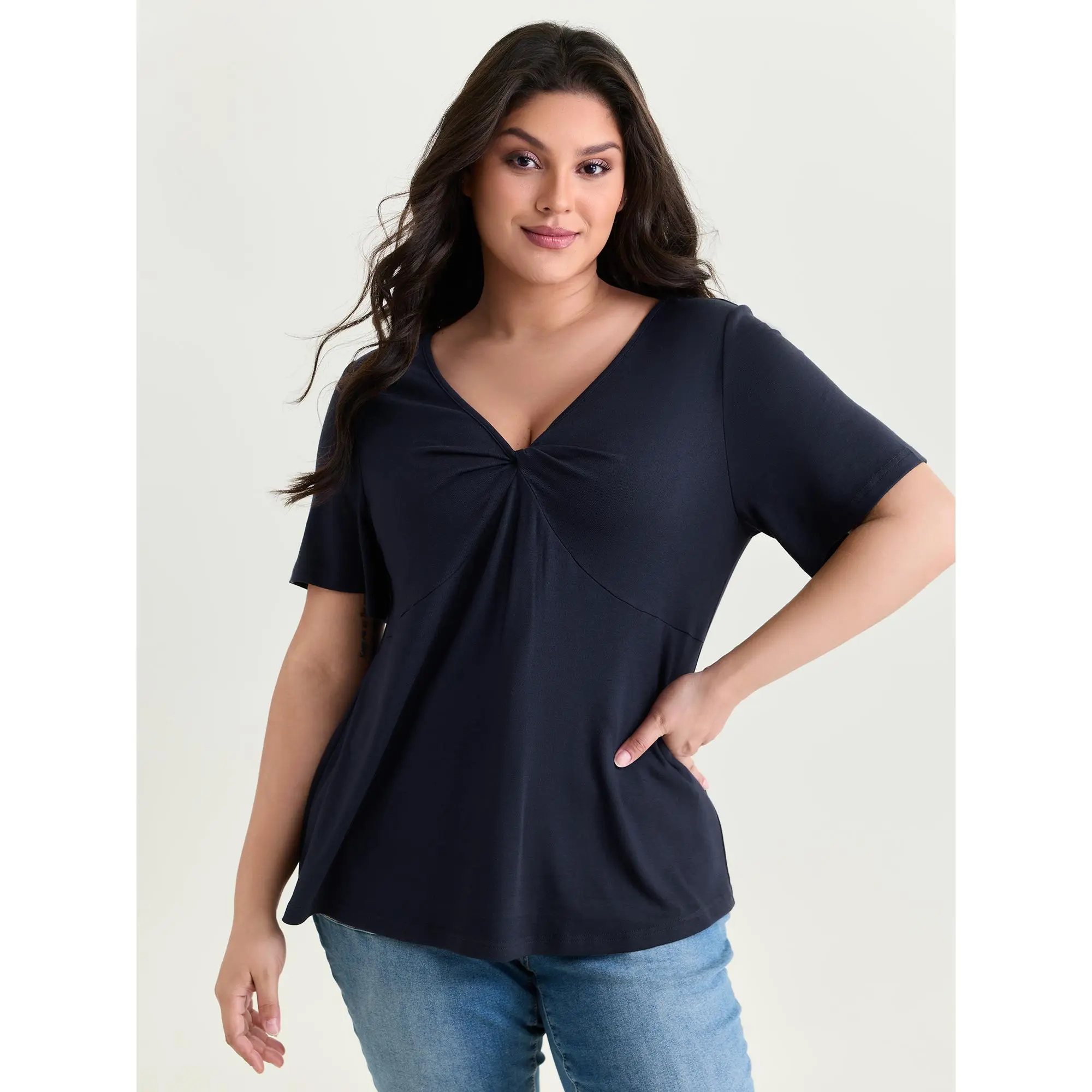 BloomChic Women's Plus Size Ruched V-Neck T-Shirt, Casual Short Sleeve Top in Supersoft Rayon Spandex Fabric, Shortsleeve, Tshirt, Fit, Twist, V-Neck Twist, Ruched Detail, Rayon Blend, 18-20/2X