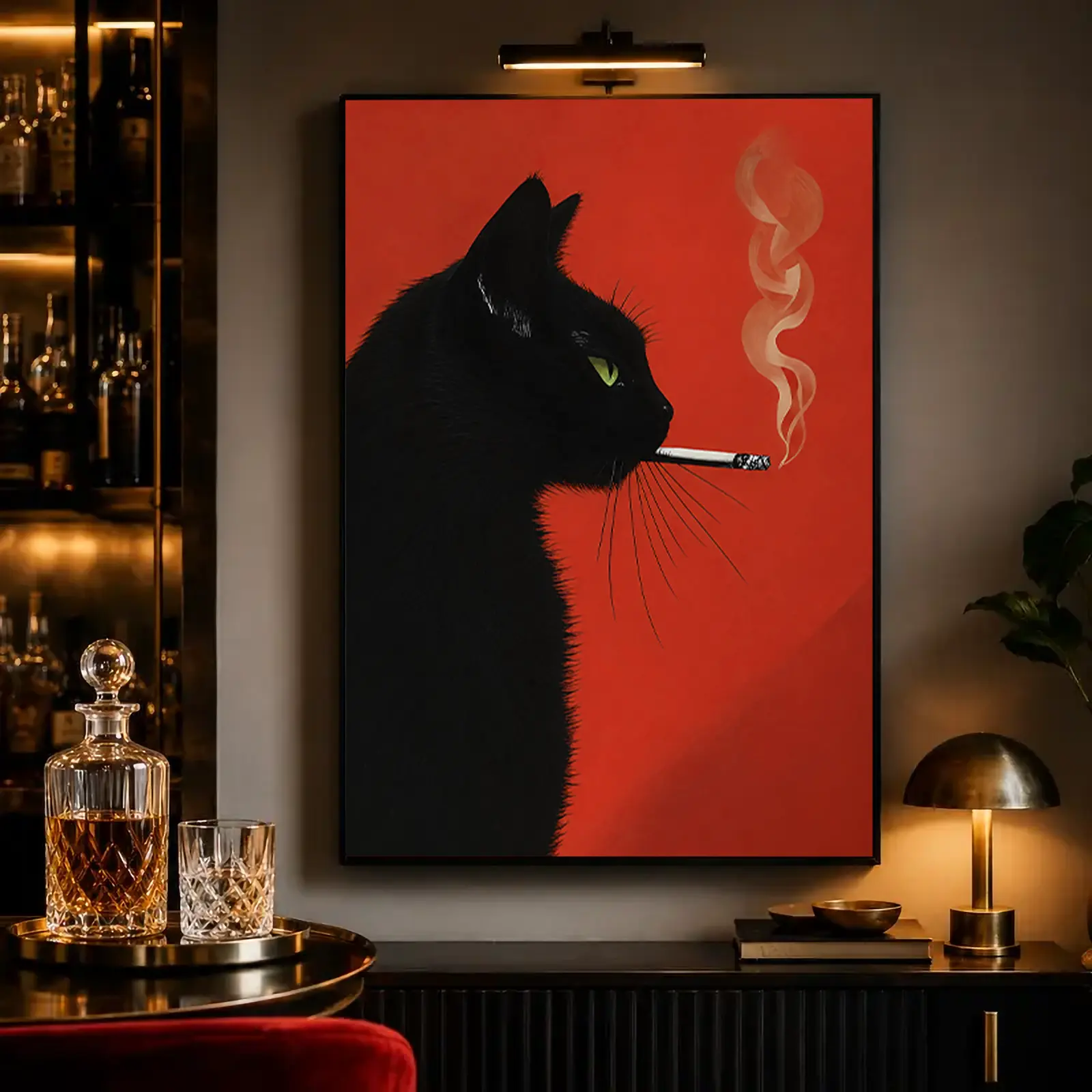 Funny Black Cat Smoking Canvas Wall Art, 2D HD Print Poster, Framed/Unframed Wall Decor for Home Living Room Bedroom, Modern Cool Cat Artwork, Perfect Home Decoration for Cat Lovers bedroom wall decor