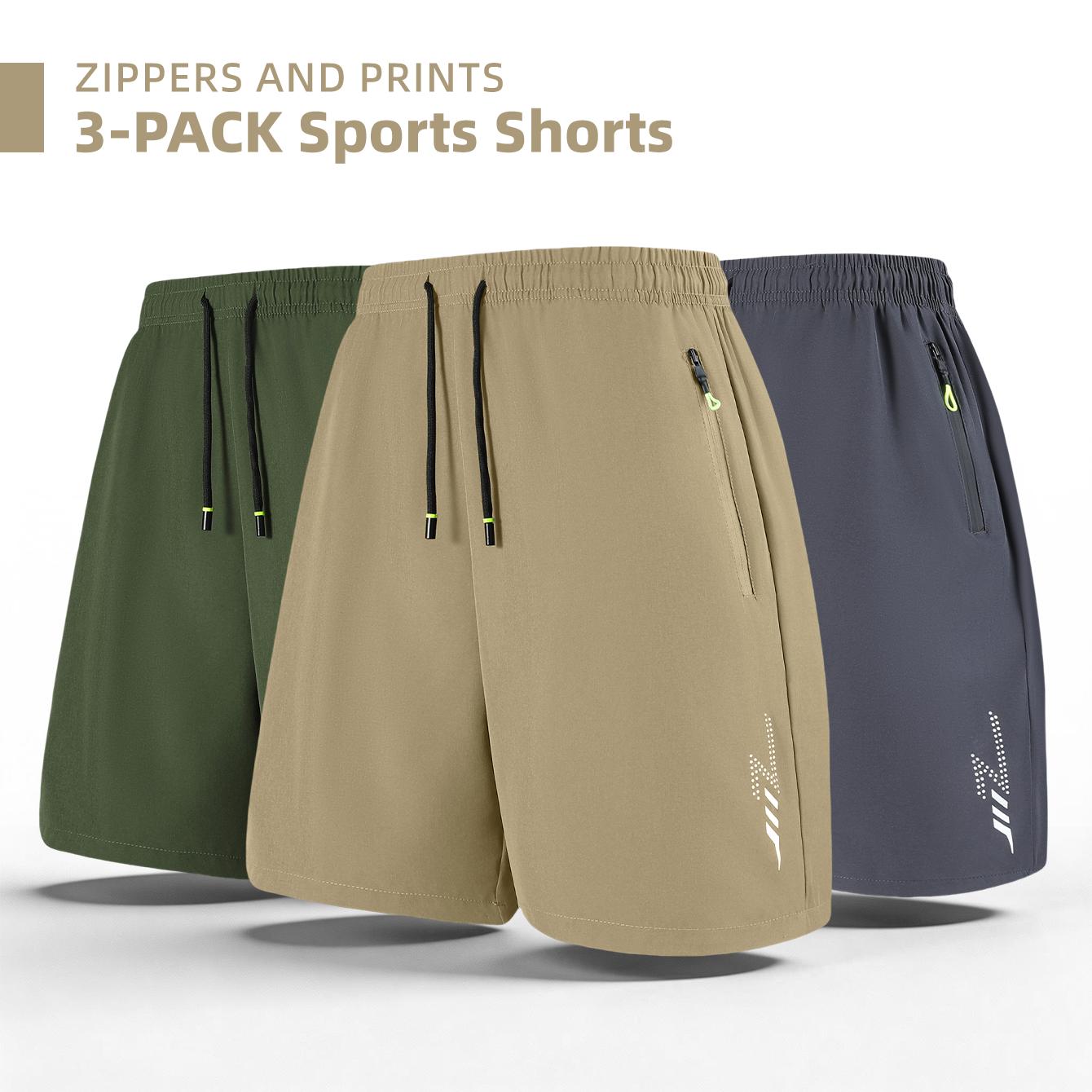 Men's 3-Pack Zipper Pocket Sports Shorts, with Reflective Prints, Drawstring Elasticated Waist, Zipper Side Pockets, Casual Shorts for Both Sports and Daily Wear