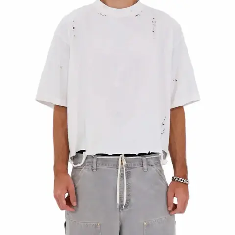 Distressed Cropped Oversized Drop Shoulder Tee – Heavyweight Vintage Wash