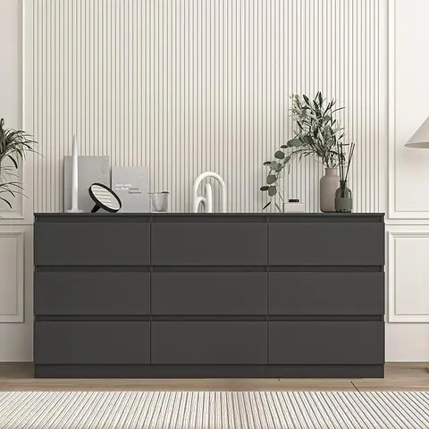 Spaco Modern 9-Drawer Bedroom Furniture Chest - Handle-Less Rectangular Particle Board Wide Storage Tower, Sliding Door Cabinet with Doors, Deep Compartments, Scratch-Resist Coat, Bedroom Dresser TV Sideboard