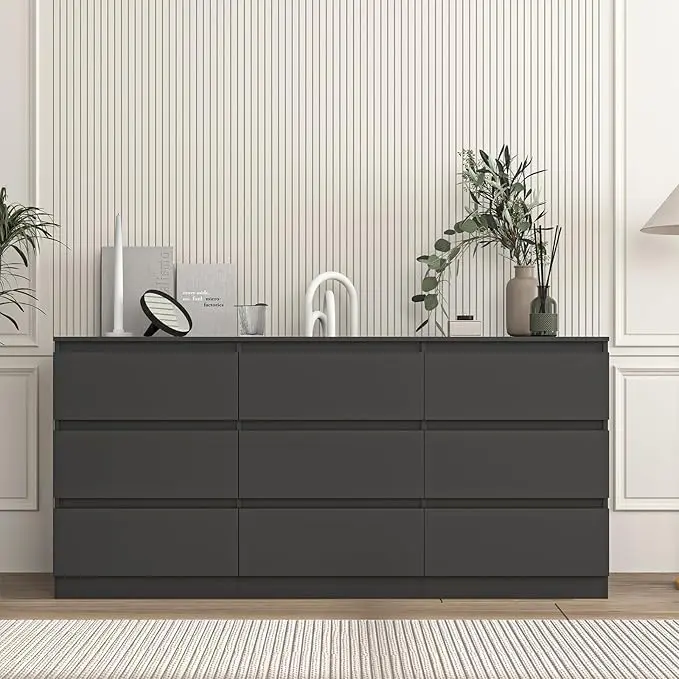 Spaco Modern 9-Drawer Bedroom Furniture Chest - Handle-Less Rectangular Particle Board Wide Storage Tower, Sliding Door Cabinet with Doors, Deep Compartments, Scratch-Resist Coat, Bedroom Dresser TV Sideboard