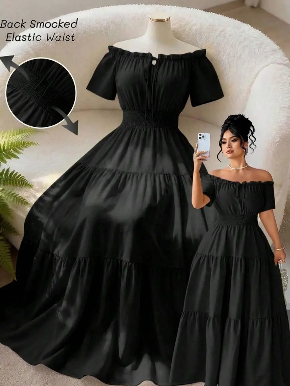 Plus Size Women's Elegant Elastic Off-Shoulder Patchwork Short Sleeve Dress, Spring/Summer