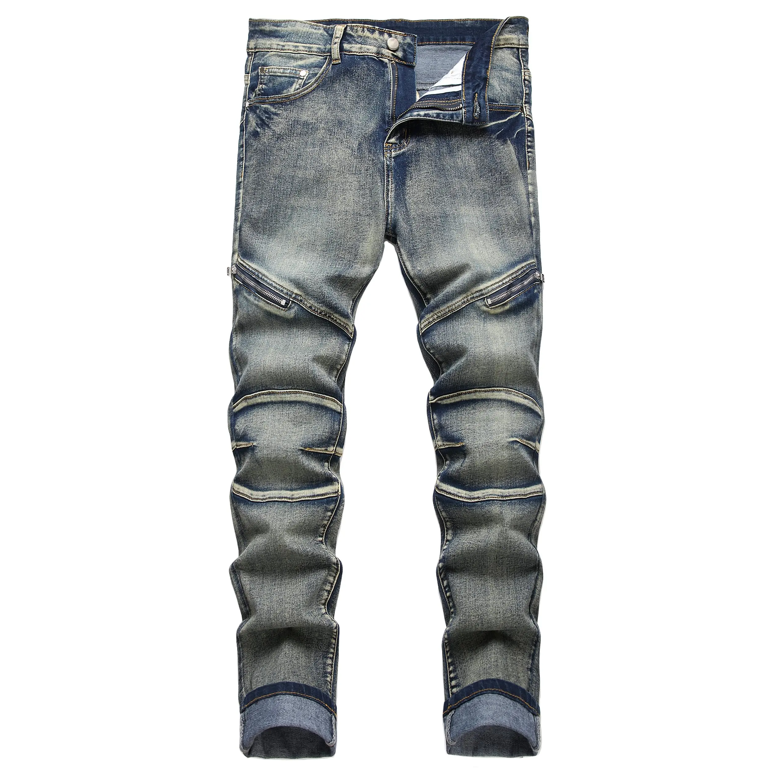 JUNBAOSS Men's Biker Zipper Deco Jeans, Mens Slim Fit Stretch Jeans Ripped Skinny Jeans for Men, Casual Fashion Straight Leg Comfort Flex Waist Cargo Denim Pants, Menswear Trouser Streetwear Jean with Plain Pockets