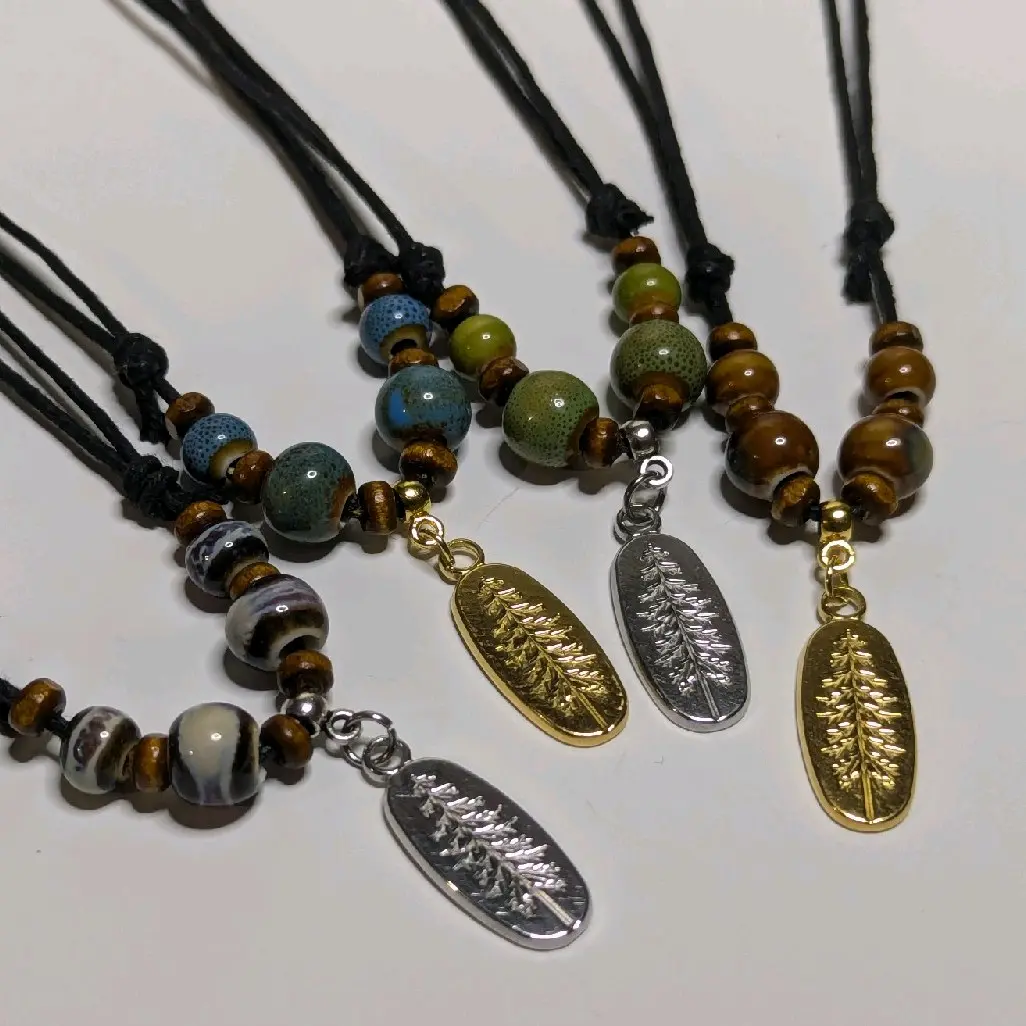 Pine Tree Charm Stainless Steel Ceramic Beaded Silver or Gold Boho Hippie Whimsical Adjustable Black Rope Cord Choker Stacking Necklace