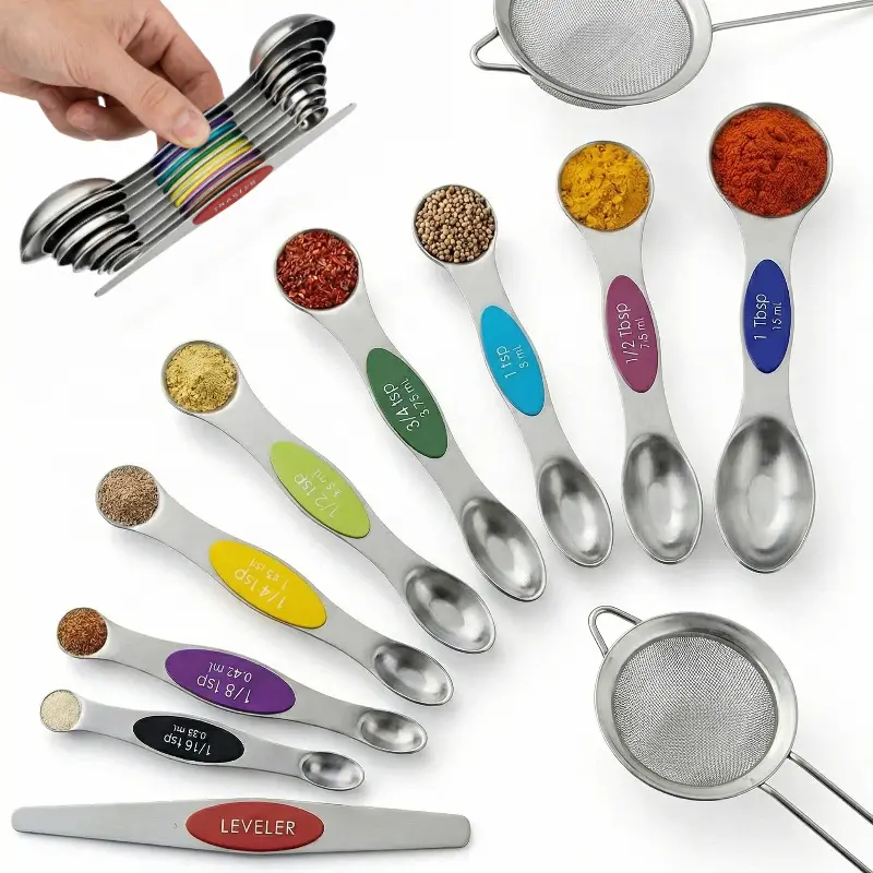 Pack of 9 Stainless Steel Magnetic Measuring Spoons Set, Dual Sided, Stackable, Adjustable Teaspoon and Tablespoon Measure Spoon with Leveler, Kitchen Gadgets