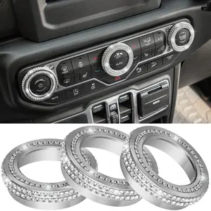 Air Conditioner Switch Knob Cover for 2018-2025 Jeep Wrangler JL JLU Gladiator JT Bling Crystal Rhinestone Button Cover Decoration Twist Ring Trim Interior Accessories Aluminum Alloy (Silver 3PCS)