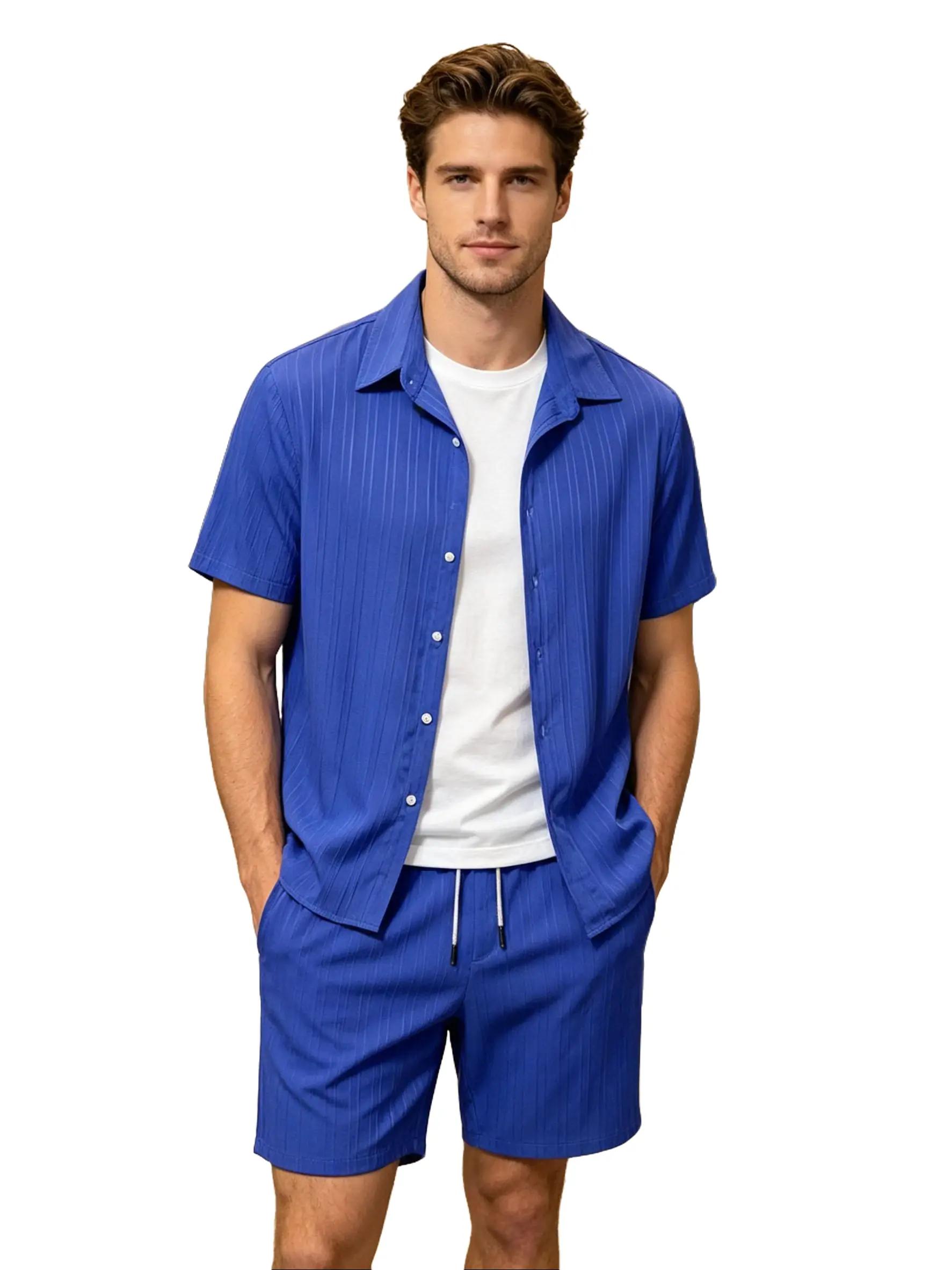 Men's Solid Short Sleeve Shirt & Shorts Two-Piece Set,Regular Fit Casual Button Up Top & Shorts for Summer,Men's Clothes for Beach Vacation Wetsuit Tropical FormalSuits Menswear Classic