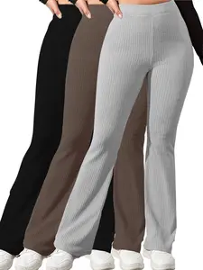 Women's Plain High Waist Ribbed Flare Leg Pants, Casual Comfy Elastic Waist Bell Bottom Trousers for Summer, Rib Flares Pants, Ladies Bottoms for Daily Wear Rib Flares