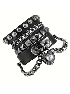 Punk Style Heart & Spiked Design Bracelet Set, Stackable Bracelets, Fashion Jewelry for Party, Daily Clothing Decor, Trendy All-match & Exquisite Jewelry for Birthday Gift