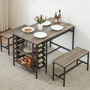 3-Piece Rectangular Dining Table Set for 4 with Wine Rack Storage Shelf and 2 Benches Kitchen Table Set for Small Spaces Apartments Home Grey
