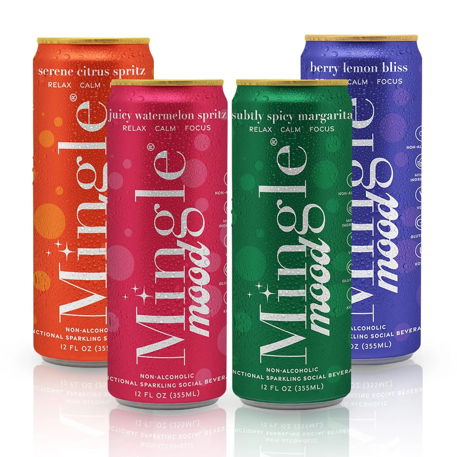 Mingle Mocktails Mingle Mood Nonalcoholic Sparkling Drink - Alcohol-Free Adaptogen Beverage with Ashwagandha & L-Theanine, Cocktail Alternative, 12-Pack (Berry Lemon Bliss, Spicy Margarita, Citrus Spritz, Watermelon Spritz) Summer Iced Drink