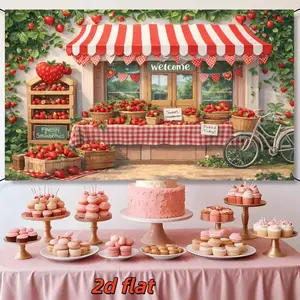 2D Flat 1PC Polyester Banner, Strawberry Market Theme Design, Red-White Striped Awning with Fresh Strawberry Stall, Checkered Tablecloth & Bicycle Elements, Sweet Fresh Style, Ideal for Summer Party, Dessert Event, Indoor Outdoor Decor, Durable Fabric