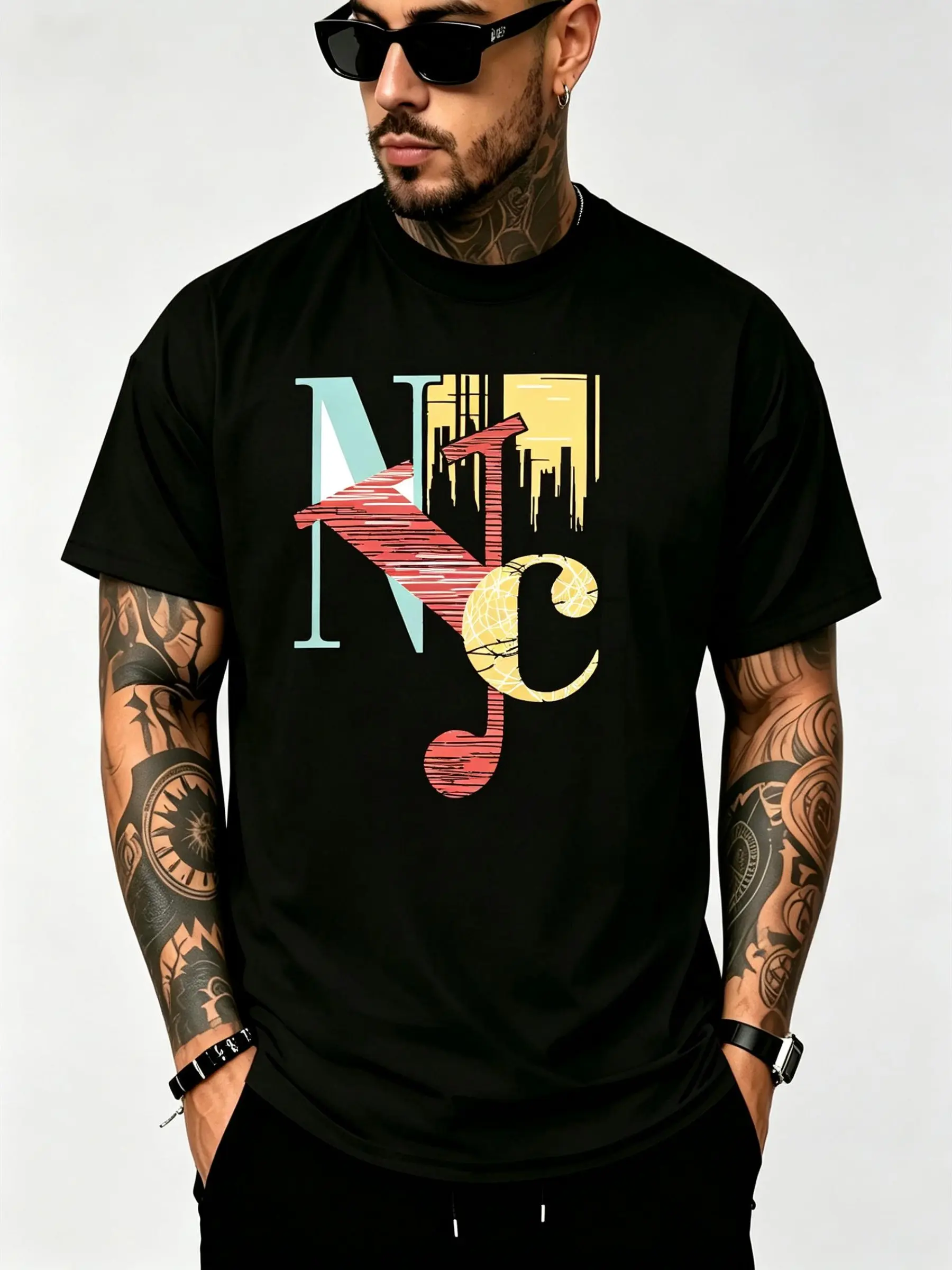 NYC Initial Letter Skyline Vintage Color Block Unisex T-Shirt for Men & Women - New York Retro Graphic, Soft Cotton Crew Neck Short Sleeve, Comfortable All-Season Tee, Perfect for Everyday Casual & Travel Style, Summer Spring, Machine Washable