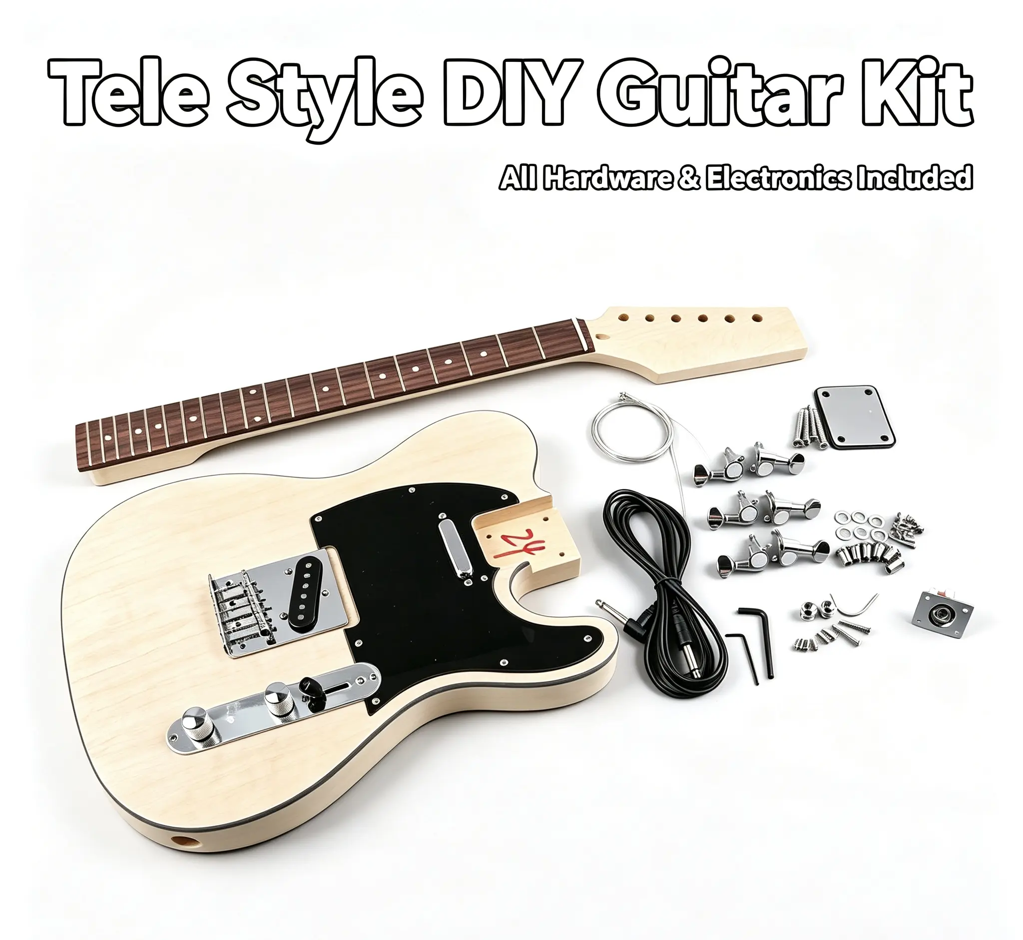 Unfinished Tele Style DIY Electric Guitar Kit, Basswood Body with Flame Maple Burl Top, Bolt-On Hard Maple Neck, S-S Single Coil Pickups, Full Chrome Hardware, 25.5” Scale Luthier Build Kit