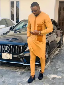 Men's Kaftan Set, African Ethnic Style, Long Sleeve Round Neck, Ankle Pants, Elegant Muslim Festival Wedding