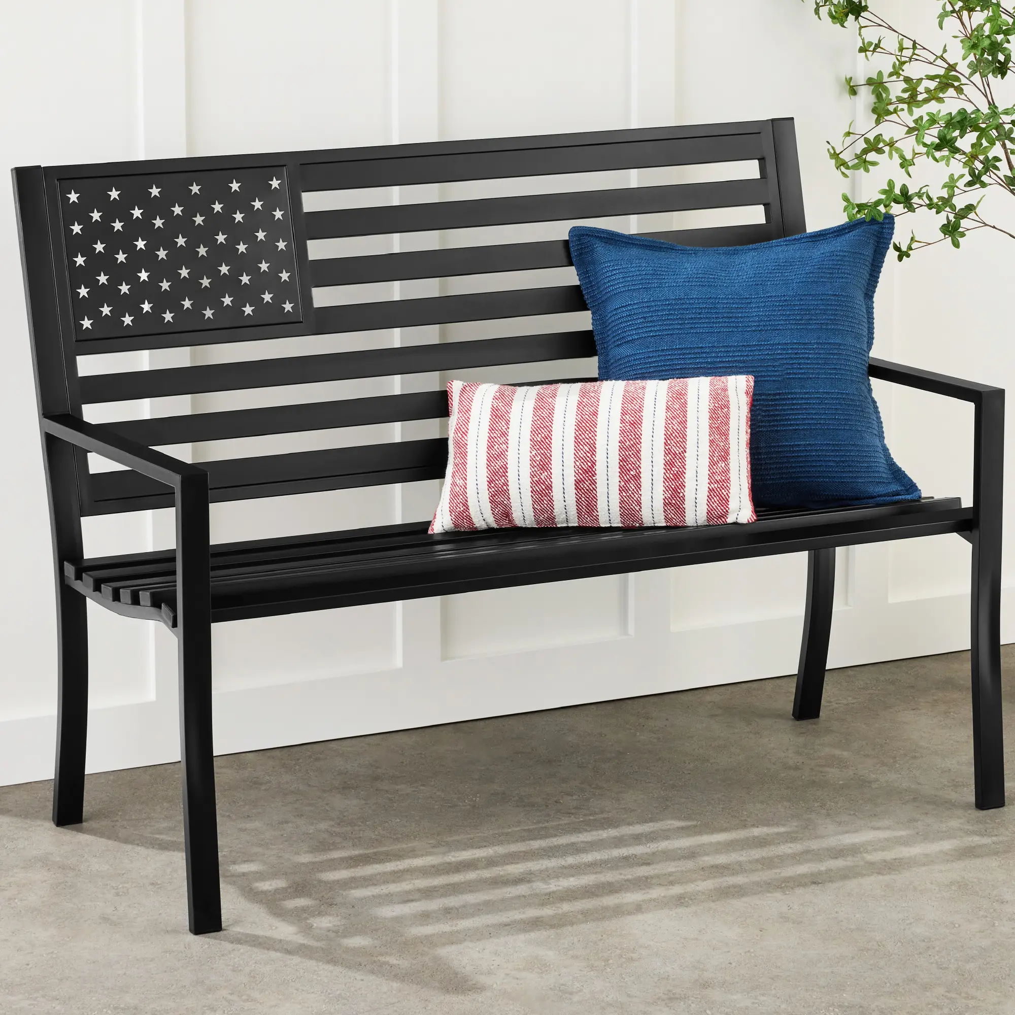 Best Choice Products Indoor Outdoor Steel Garden Bench w/ American Flag Backrest, 790lb Capacity