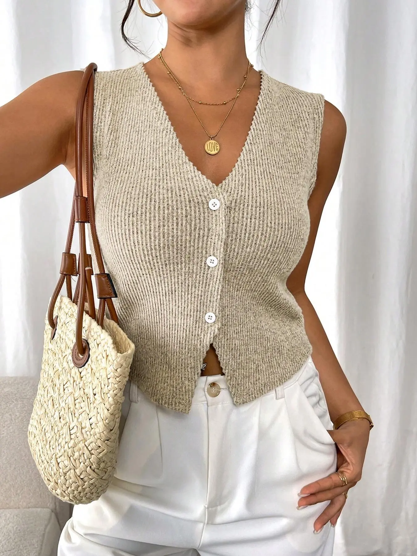 Simple office commuter, V-neck, button, Sleeveless, casual and comfortable all-match basic minimalist summer womenswear vest Knitted Vest Top Minimalist Fitted Vest Knitted Tank Vest Sleeveless Knitted Vests