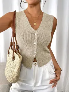 Simple office commuter, V-neck, button, Sleeveless, casual and comfortable all-match minimalist vest