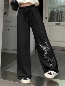 Women's Wide Leg Sweatpants with Butterfly Floral Print - High Waisted Baggy Lounge Pants, Streetwear Casual Trousers for Fall Winter, Stretch Drawstring Loose Fit Joggers, Flowy Comfy Pajama Pants for Lounging/Outfits