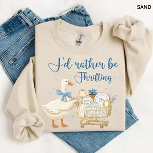 I’d Rather Be Thrifting Sweatshirt, Cute Goose Thrift Lover T-Shirt, Vintage Thrift Store Graphic Crewneck, Cozy Gift for Thrifting Fans Shirt