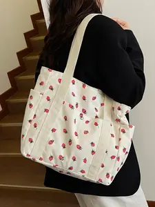 Women's Bohemian Style Corduroy Tote Bag with Strawberry Print, Strawberry Themed Bag, Large Capacity Shoulder and Crossbody Bag for Daily Use and Parties, Perfect Valentine's Gift for Camping and Shopping