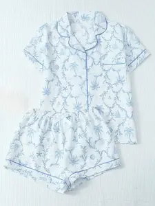 Women's Oceanic Starfish Pajama Set, Casual Short Sleeve Shirt with Pocket, Elastic Waist Shorts, All-Seasons Sleepwear