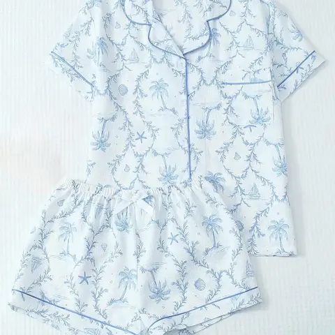 Women's Oceanic Starfish Pajama Set, Loungewear, Casual Short Sleeve Shirt with Pocket, Elastic Waist Shorts, All-Seasons Sleepwear