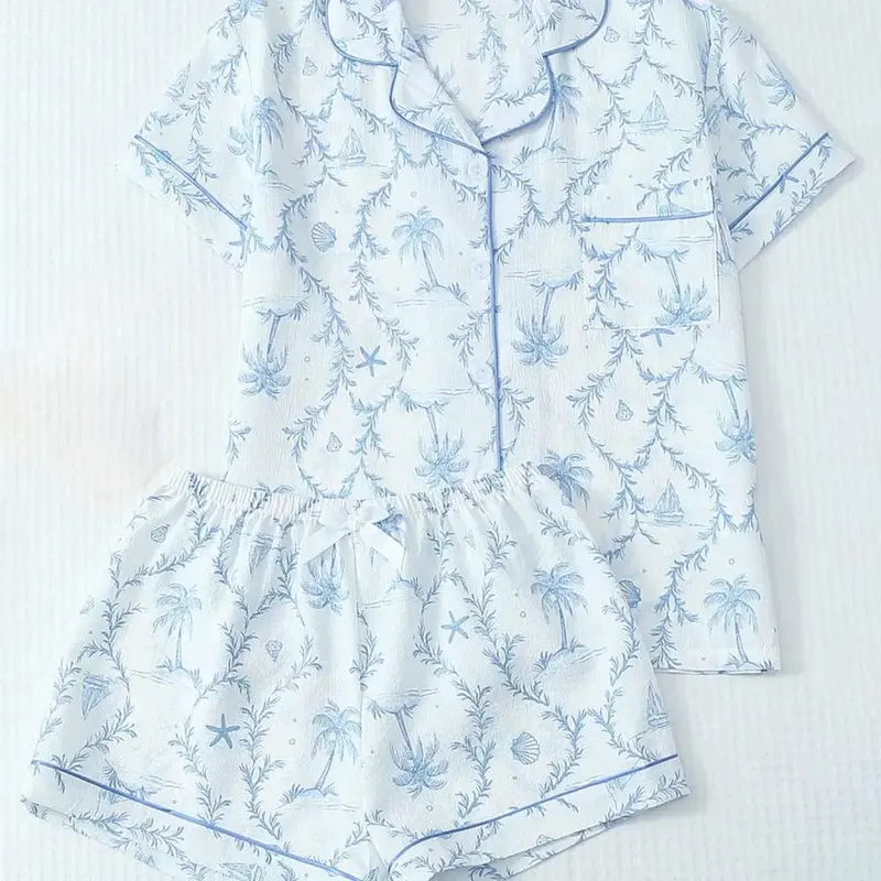 Women's Oceanic Starfish Pajama Set, Loungewear, Casual Short Sleeve Shirt with Pocket, Elastic Waist Shorts, All-Seasons Sleepwear