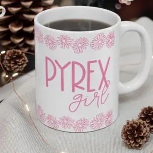 Pyrex Girl Mug, Retro Coffee Cup with Pyrex Girl and Pink Daisies Design, Gift for Pyrex Collector, Kitchen Decor, Tea Mug, Ceramic