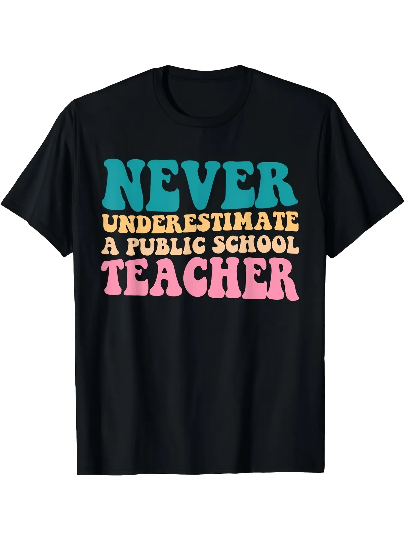 Men'S Black T-Shirt, Teacher Never Underestimate a unisex soft cotton short sleeve t shirt, vintage graphic casual tee for men women teens, perfect birthday holiday gift for camping travel gym daily street  wear
