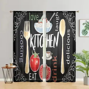 Kitchen Themed Pattern Curtain, 2 Counts/set Retro Farmhouse Style Curtain, Home Decorative Curtain for Bedroom, Living Room, Kitchen, Dining Room, Home Decoration Curtain