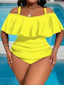 Off-Shoulder Ruffle Plus Size High Waisted Swimsuit, High Waist Slimming Cover-Up, Vacation Hot Spring Beach Essential, Sexy Bikini