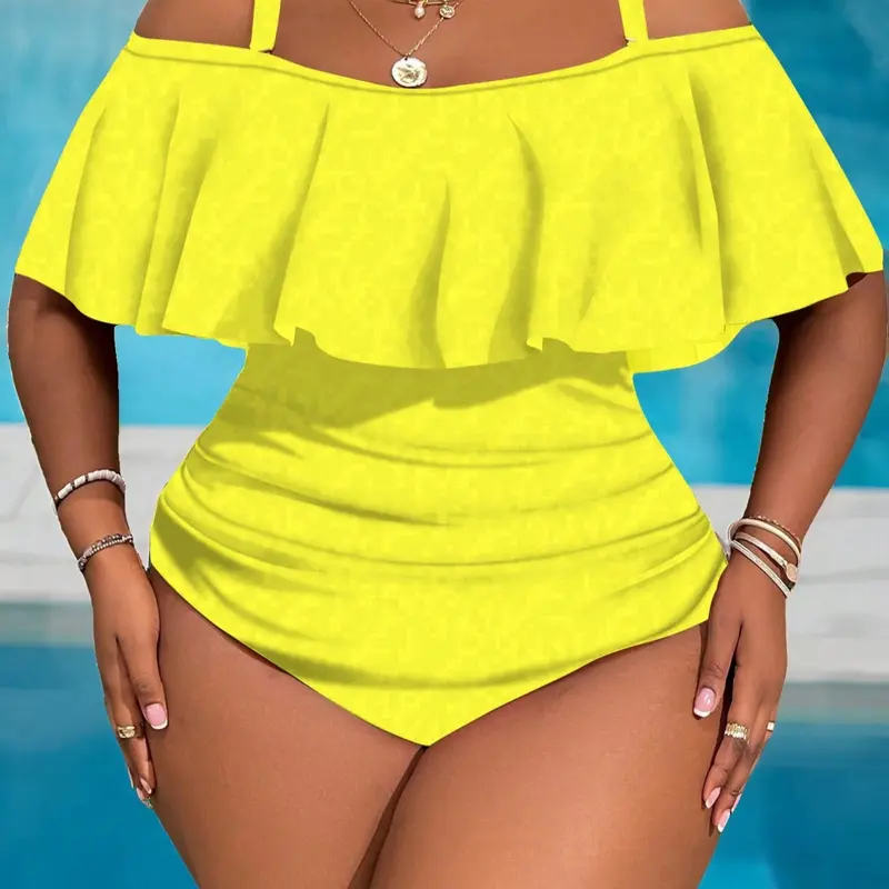 Off-Shoulder Ruffle Plus Size Ruffled Neckline Swimsuit, High Waist High Rise Slimming Cover-Up, Vacation Beach Holiday Hot Spring Pool Party Essential, Sexy Bikini, Beach Swimwear Clothes