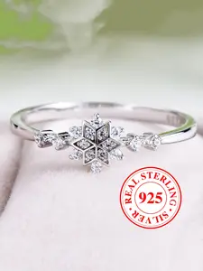 S925 Sterling Silver Snowflake Design Ring, Synthetic Zirconia Inlay Engagement Ring, Elegant Fashion Rings for Women & Girls, Trendy All-match & Exquisite Jewelry for Birthday Gift（with Box）