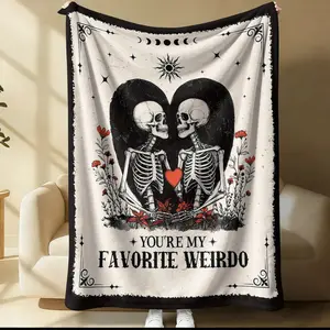 Romantic Skull Pattern Slogan Print Blanket, Soft and Comfortable Throw, Ideal for Home Office Travel, Warm Nap Blanket, Room Decoration, Valentine's Gift, Figure Print Blanket