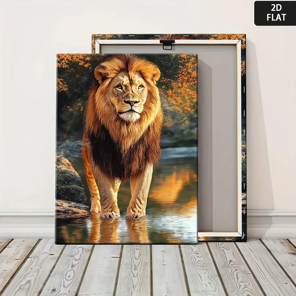 2D Flat, Large Modernist Abstract Lion Painting - Majestic Lion Standing at Water'S Edge Wall Art, Waterproof Wrapped Canvas Print, Vibrant Orange & Golden Wildlife Decor for Living Room, Bedroom, Office - Modern Home Decor Gift Idea	
