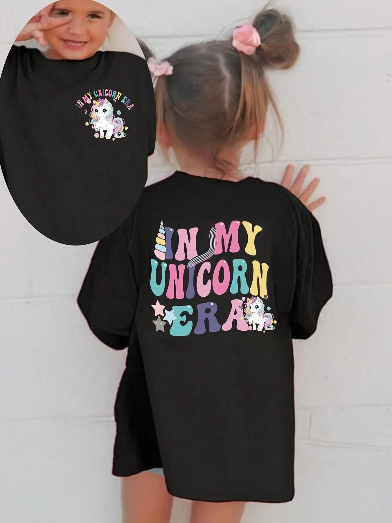 Kids "In My Unicorn Era" Double-Sided Unicorn T-Shirt 100% Cotton Cute Cartoon Unicorn Graphic Tee Girls Casual Short Sleeve Top Form Tee