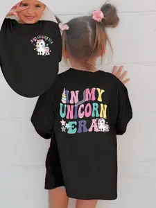 Kids "In My Unicorn Era" Double-Sided Unicorn T-Shirt 100% Cotton Cute Cartoon Unicorn Graphic Tee Girls Casual Short Sleeve Top
