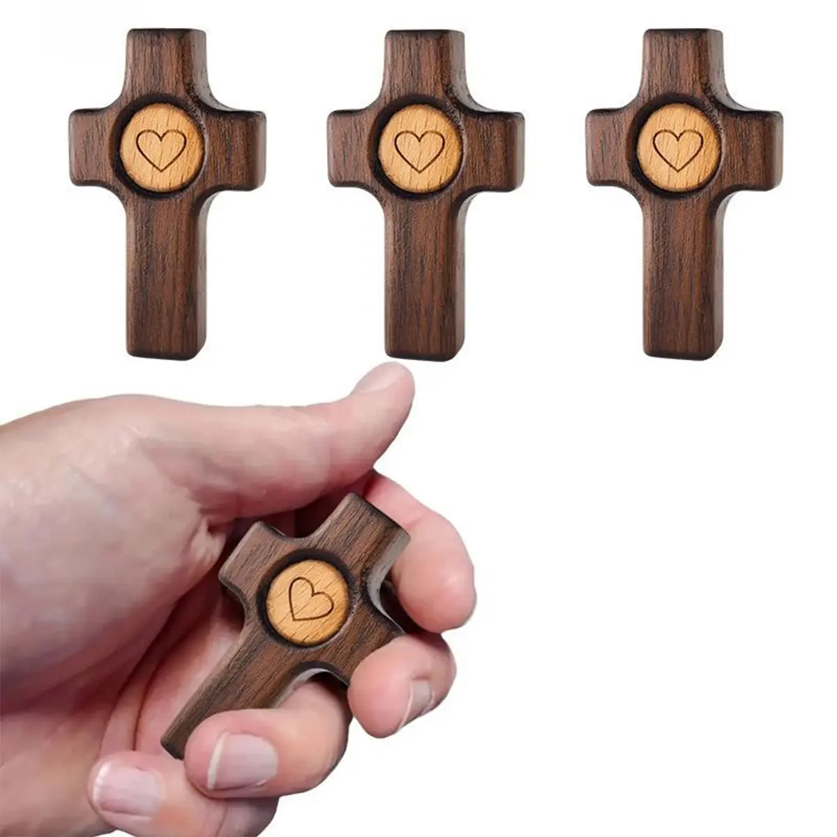 Gifts For 1/2/3 Pack Wooden Cross Fidget  , Walnut Wooden, Encouragement Gift Stress Relief, Prayer Cross for Hand, Stress Relief Pocket Christian Gifts for Women, Children and Adults