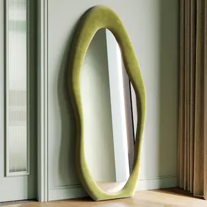 Full Length Mirror, 63" x 24" Wall Mirror, Flannel Wrapped Wooden Frame Floor Mirror, Irregular Wavy Mirror  or Leaning Against Wall for Cloakroom/Bedroom/Living Room, Green