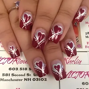 Wearing 24 pieces of medium to long European style handmade press on fake nails, nail art, red heart-shaped silver polka dot French style