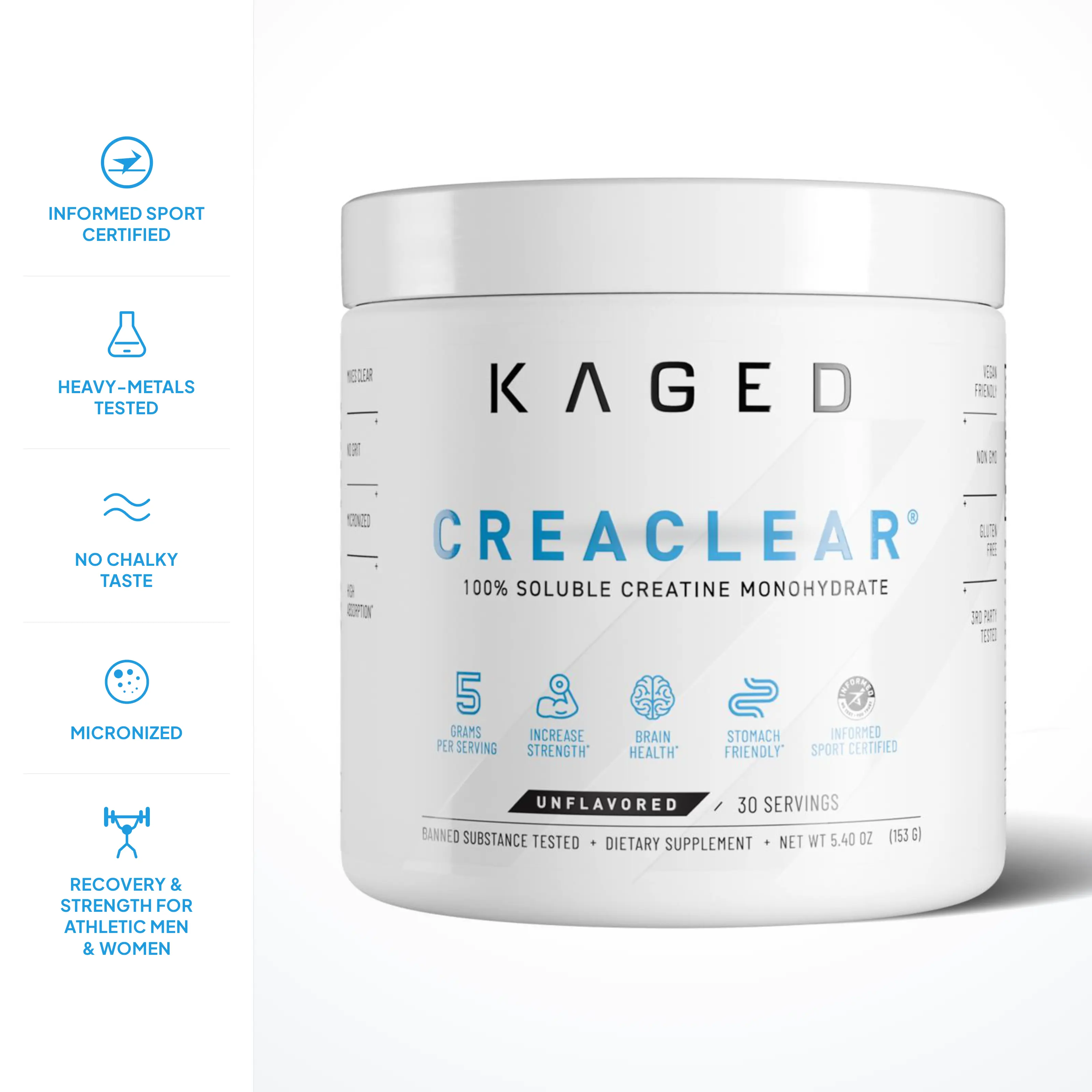 Kaged CreaClear Creatine Monohydrate Powder for Men & Women, 30 Servings | 5g Micronized Creatine, 100% Soluble, Mixes Clear, No Grit, No Bloat | Informed Sport Certified, Unflavored Muscle Builder Supplement