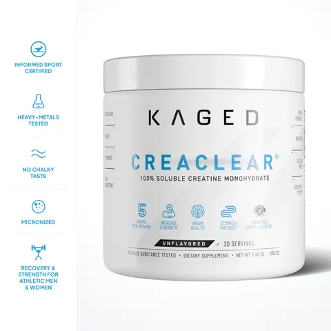 Kaged CreaClear Creatine Monohydrate Powder for Men & Women, 30 Servings | 5g Micronized Creatine, 100% Soluble, Mixes Clear, No Grit, No Bloat | Informed Sport Certified, Unflavored Muscle Builder Supplement